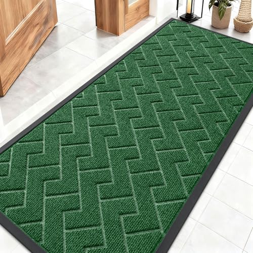 OLANLY Front Door Mat Indoor Outdoor Entrance, Waterproof All-Season, All-Weather Doormat, Sturdy Natural Rubber, Low Profile, Easy Clean Patio Porch Entryway Mat, Herringbone Brick (Green, 59x23)