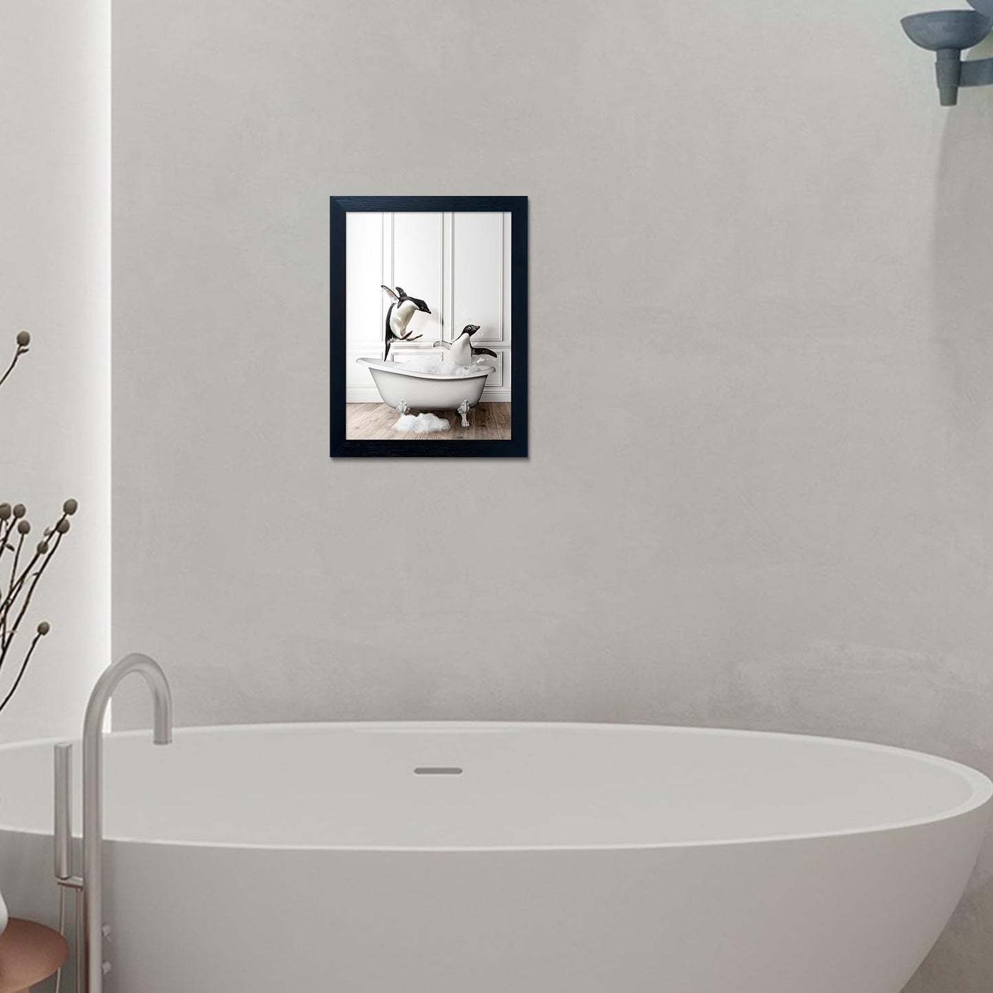 Skiennix Kids Bathroom Wall Decor - Funny Black & White Canvas Print of Cute Penguins in Bathtub