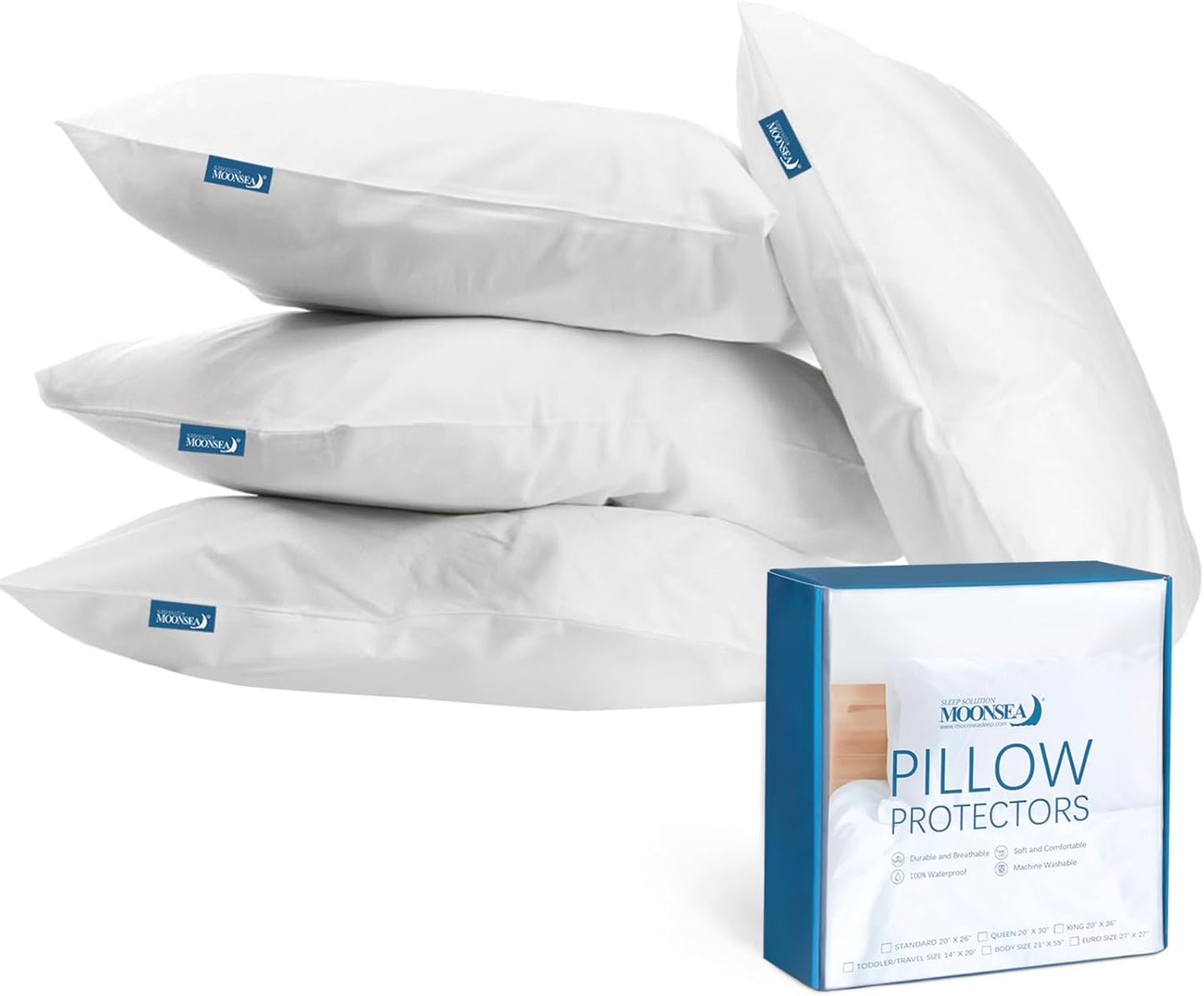 Skiennix Waterproof Pillow Case Protector - Zippered Encasement Covers | 4 Pack, Standard Size 20 x 26 Inch, White