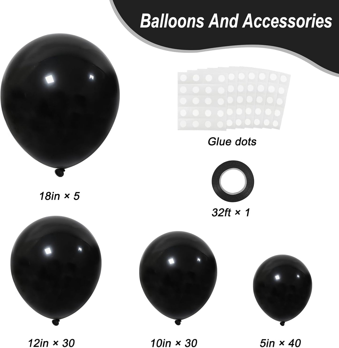 RUBFAC Black Balloons - Premium Latex Party Decorations | 105pcs in 5/10/12/18 Inches for Events