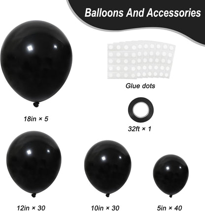 RUBFAC Black Balloons - Premium Latex Party Decorations | 105pcs in 5/10/12/18 Inches for Events