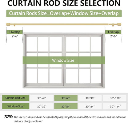 Skiennix Adjustable Gold Curtain Rods - 5/8” Diameter, 30-60 Inch for 30-54 Inch Windows