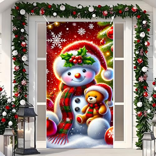 Christmas Snowman Door Cover 35x71 Inch Holiday Banner with Teddy Bear - Colorful Banner #02
