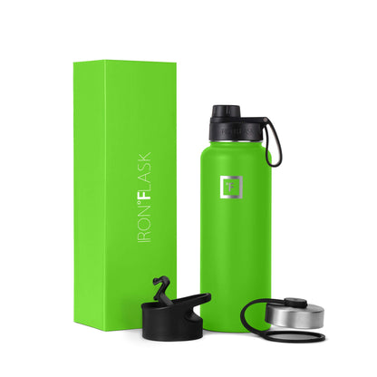 IRON °FLASK Sports Water Bottle - Wide Mouth with 3 Spout Lids - Stainless Steel Gym & Outdoor Bottles for Men, Women & Kids - Double Walled, Insulated Thermos, Metal Canteen - Kiwi Green, 40 Oz