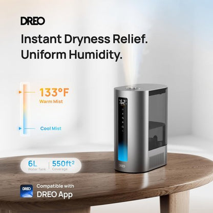 DREO 6L Humidifier - Smart Warm & Cool Mist for Large Rooms | 60-Hour Quiet Runtime, Humidity Sensor, Alexa Compatible