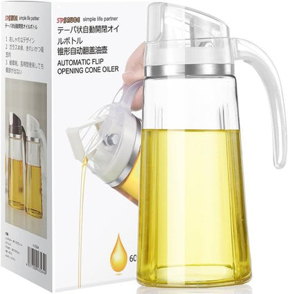 Marbrasse Oil Dispenser - 20 OZ Leakproof Glass Bottle with Auto Flip Cap | Olive Oil Container (White)