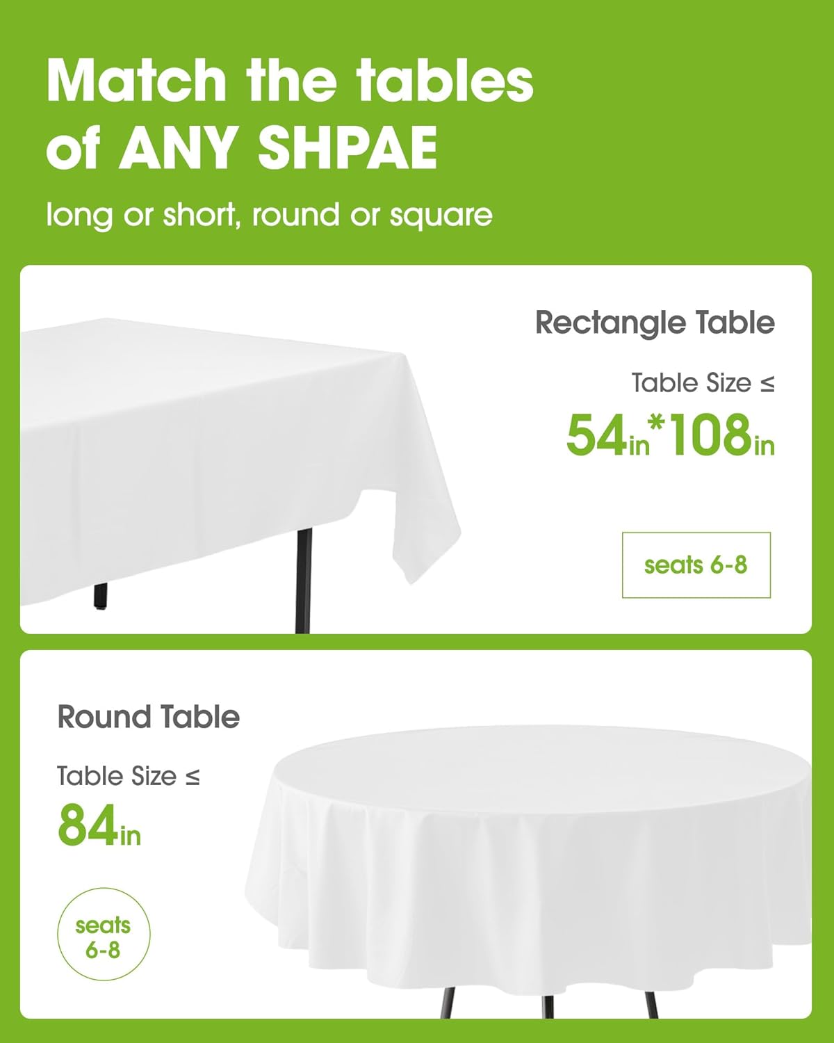 Pureegg Table Cloth Set - 8 Waterproof Disposable Tablecloths (54"x108") & 2 Cheesecloth Runners (35"x120") | Elegant White & Sage for Parties, Picnics & Weddings