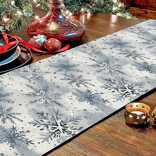 Winter Snowflake Christmas Table Runner 13 x 36 Inch Watercolor Farmhouse Decor
