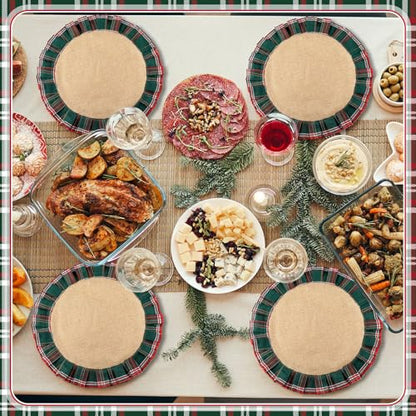 Christmas Plaid Round Placemats Set - Red Green, 12 Pack, 15.75 Inch