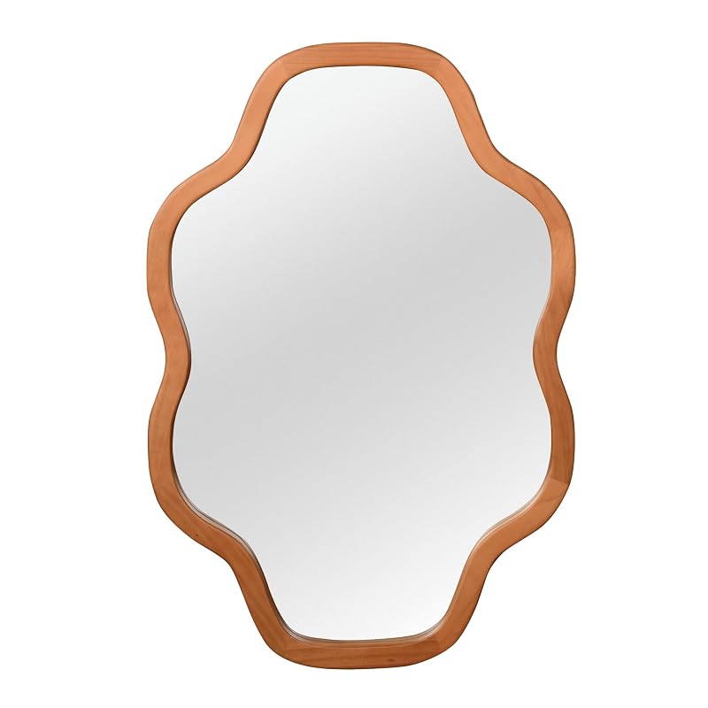 Cloud-Shaped Wall Mirror 20x30 in with Solid Wood Frame, Tempered Glass, Irregular Silhouette - Yellowish-Brown