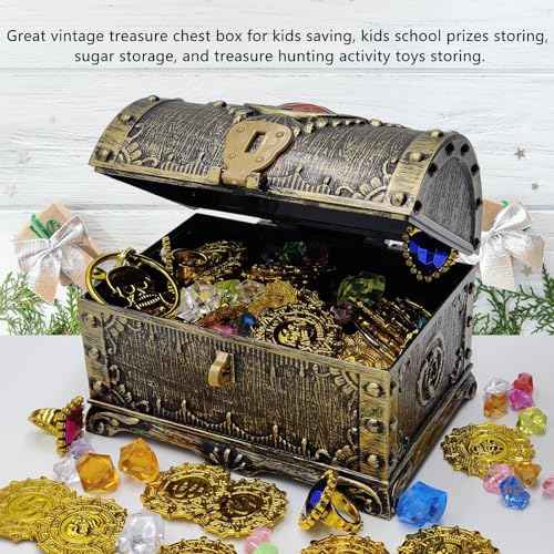 Kids Pirate Treasure Chest Storage Box,Red Rhinestone Inlaid Top Decorative Pirate Chest with Lock and Key for Kids Birthday,Halloween, Christmas Pirate Party Favors