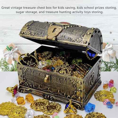 Kids Pirate Treasure Chest Storage Box,Red Rhinestone Inlaid Top Decorative Pirate Chest with Lock and Key for Kids Birthday,Halloween, Christmas Pirate Party Favors