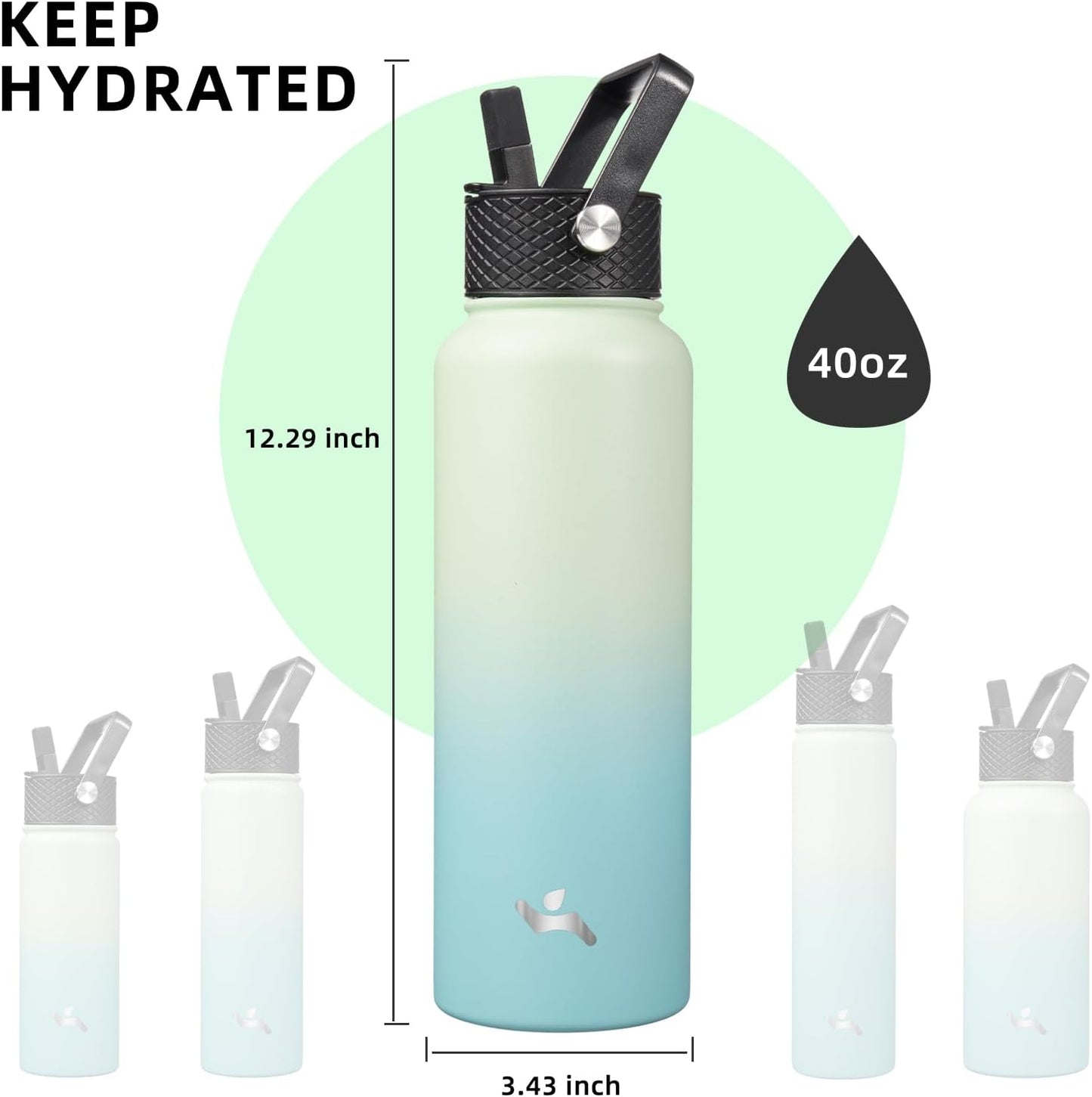 Skiennix 40oz Insulated Water Bottle - Stainless Steel Sport Bottle with 3 Lids | Mint Color