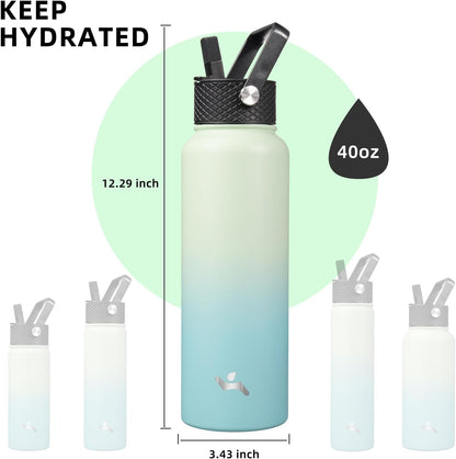 Skiennix 40oz Insulated Water Bottle - Stainless Steel Sport Bottle with 3 Lids | Mint Color