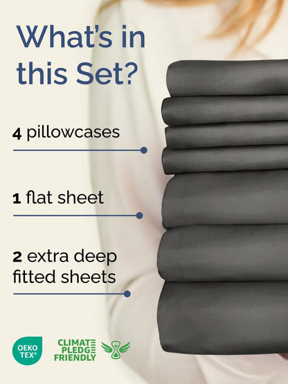 Skiennix Extra Deep Split King Sheet Set - 7 Piece Breathable Cooling Bedding - Soft, Wrinkle-Free Charcoal