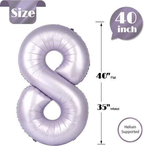 Lilac 8 Balloon | 40-Inch Number Balloon for 8th Birthday Decorations | Lavender Party Supplies