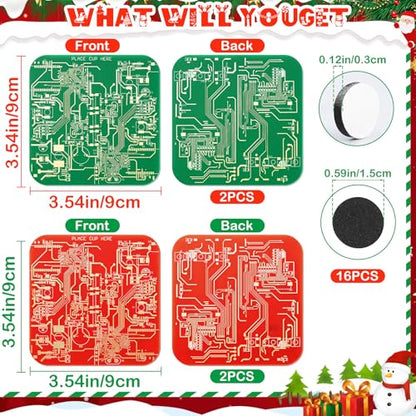 Christmas Circuit Board Coasters Set - Red & Green, 4-Pack - Tech Enthusiast Gift
