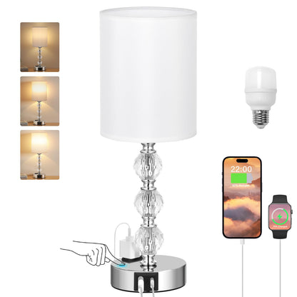 Touch Bedside Crystal Lamps for Bedrooms Nightstand with USB C+A Charging Port and AC Outlet White, 3 Way Dimmable Silver Small End Side Table Lamp for Living/Guest/Dinning Room/Kitchen