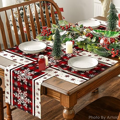 Buffalo Plaid Snowflake Christmas Placemats Set of 4 - 12x18 Inch Red Rectangular Holiday Table Decor