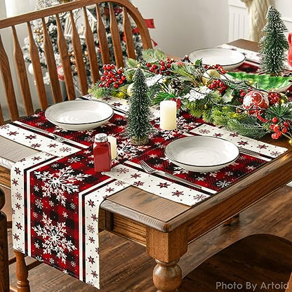 Buffalo Plaid Snowflake Christmas Placemats Set of 4 - 12x18 Inch Red Rectangular Holiday Table Decor
