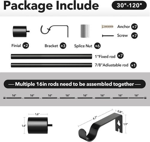 IFELS Heavy Duty Curtain Rods - Adjustable 66 to 120 Inch Black Drapery Rod for Indoor/Outdoor Use