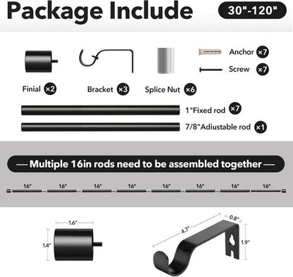 IFELS Heavy Duty Curtain Rods - Adjustable 66 to 120 Inch Black Drapery Rod for Indoor/Outdoor Use