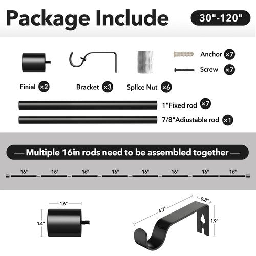 IFELS Heavy Duty Curtain Rods for Windows 66 to 120 Inch, 1 Inch Black Curtain Rods for Outdoor, Farmhouse, Bedroom, Kitchen, Living Room, Adjustable Easy Install Drapery Rod (A2,Black,30"-120")