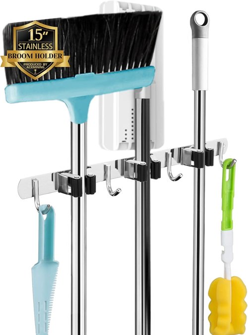 AceMining Wall Mounted Broom and Mop Holder | 5 Racks & 4 Hooks | Heavy Duty Stainless Steel Storage Solution