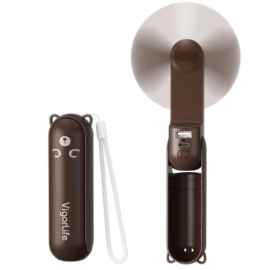 VigorLife Mini Handheld Fan,USB Rechargeable 3 IN 1 Personal Cooler Fans with Power Bank,LED Flashlight,Small Foldable Portable Pocket Fan-Travel & Emergency Essentials for Outdoor Brown
