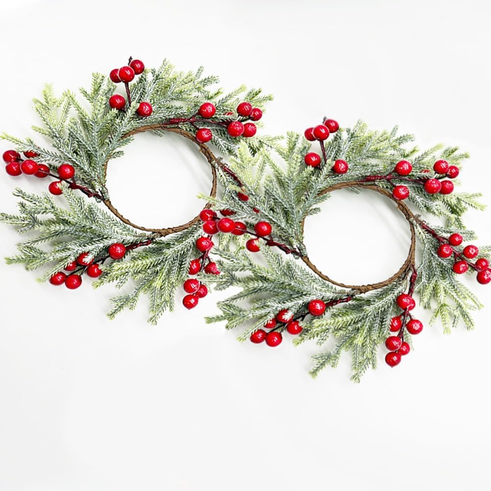 Skiennix Christmas Wreath Candle Rings - 2pcs Artificial Cedar & Cypress with Red Berries | Holiday Table Decor