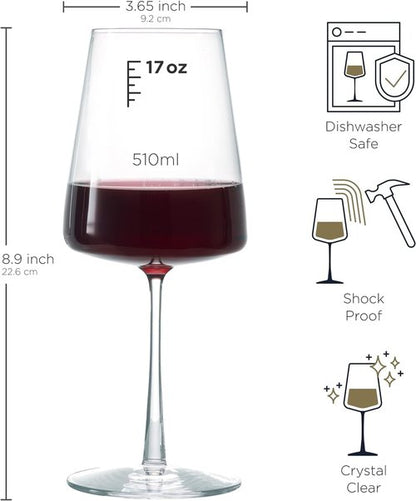 BENETI Wine Glasses Set of 4 | 17oz Handmade Luxury Crystal Red & White Long Stem Glass | Unique Modern Shape, Packaged In Beautiful Gift Box