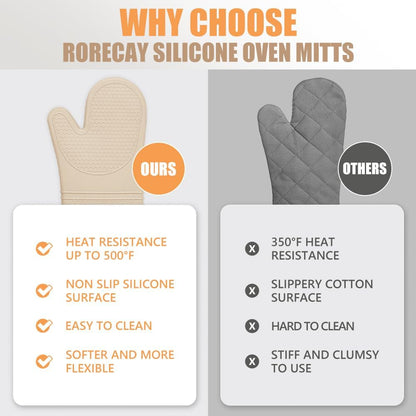 Rorecay Silicone Oven Mitts Set - Extra Long, High Heat Resistant 500°F | 6-Piece Non-Slip Kitchen Gloves & Potholders
