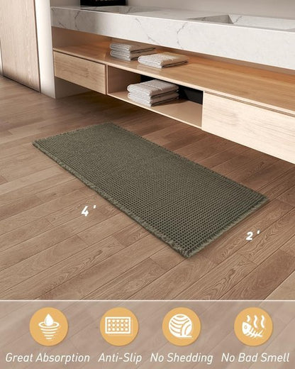 AMOAMI Upgraded Waffle Runner Rug, Super Absorbent Non Slip Bath Mats for Bathroom Floor, Washable Bathroom Runner Rug with Tassels, Ideal for Hallway Bedroom Laundry Room, Green, 2'x 4'(24" x 48")