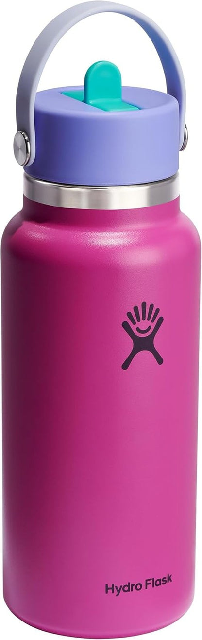 Hydro Flask Water Bottle - Insulated Stainless Steel - 32 Oz Wide Mouth with Flex Straw Lid | Holiday Punch Color