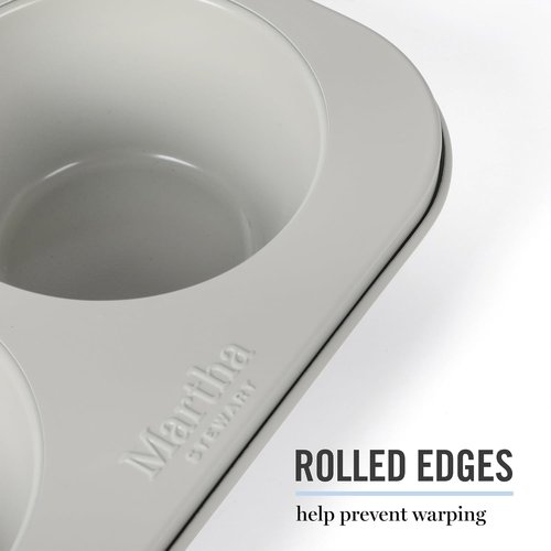 Martha Stewart Gallen 6-Cup Muffin Pan - Nonstick Carbon Steel Bakeware for Easy Release & Even Baking - Cool Grey