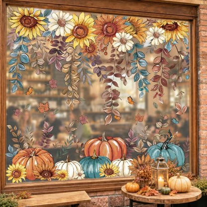 Fall Sunflower Pumpkin Window Clings Set - Autumn Glass Decor, 8 Sheets