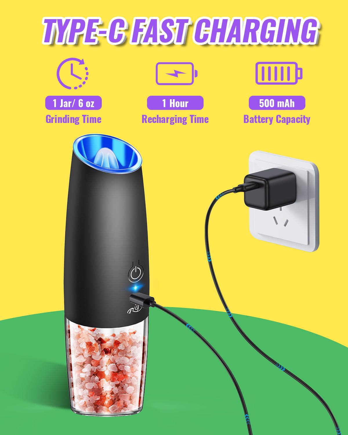 Rongyuxuan Upgraded Rechargeable Gravity Electric Salt and Pepper Grinder Set with LED lights,Stainless Steel Automatic Pepper or Salt Grinder Mill Shaker Refillable with Adjustable Coarseness,Black