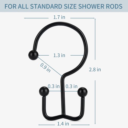 Goowin Shower Curtain Hooks, 12 Pcs Shower Curtain Rings, Durable Rust Proof Black Shower Curtain Hooks, Shower Rings for Curtain, Double Glide Shower Hooks for Shower Curtain Rods, Black