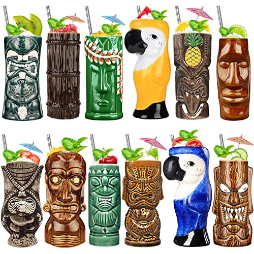 12PCS Tiki Mugs Cocktail Set - Ceramic Hawaiian Party Cups for Exotic Drinks