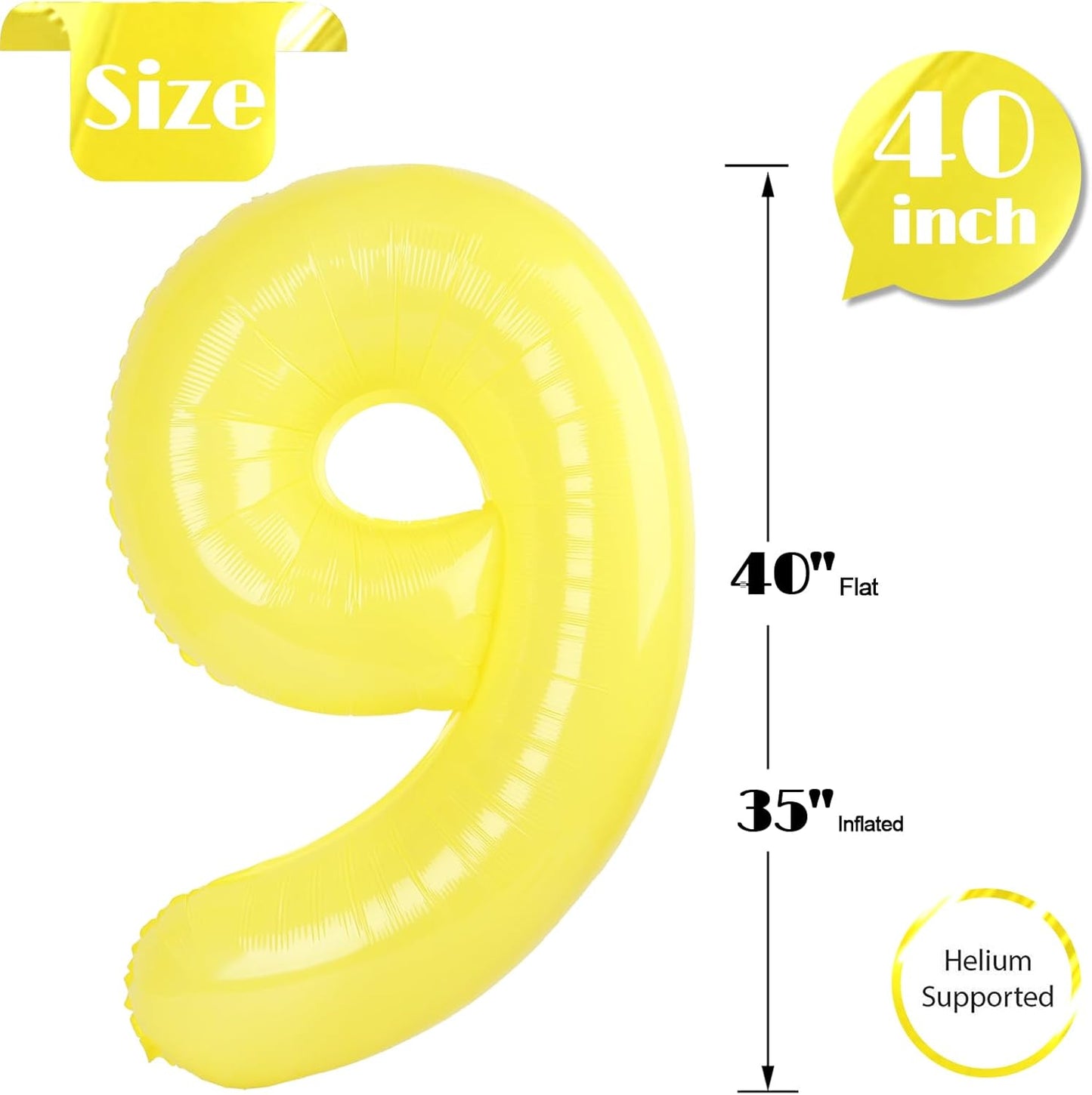 Yellow 9 Balloon | 40-Inch Giant Number Balloon for 9th Birthday Decorations