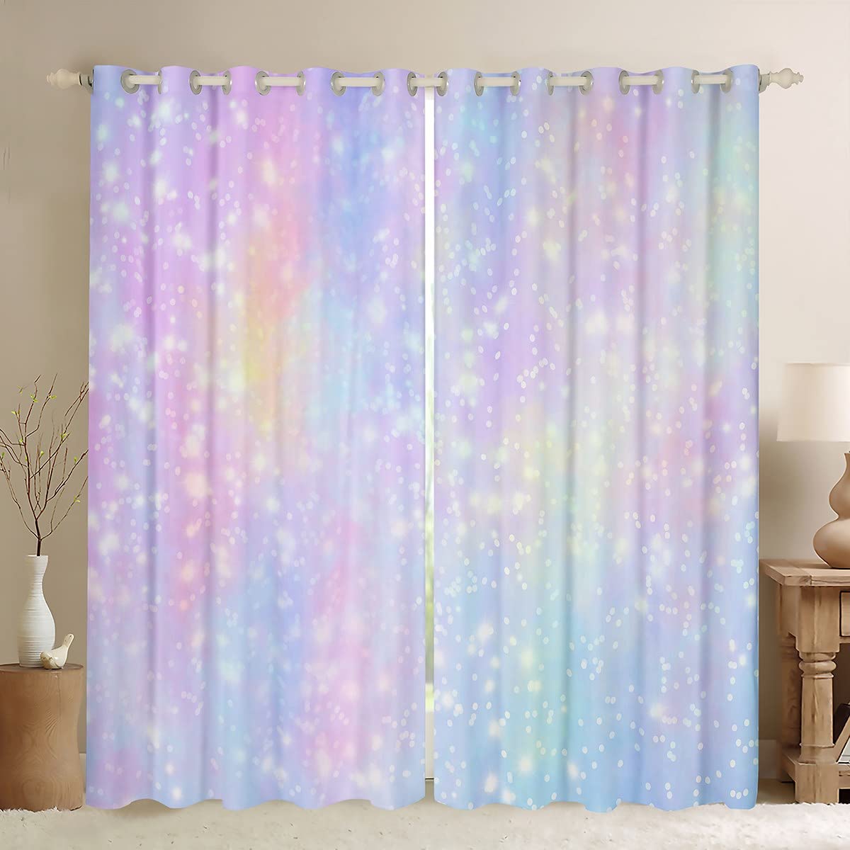 Girls Glitter Darkening Dreapes Kawaii Galaxy Pastel Kids Curtains for Bedroom Living Room Rainbow Comter Blackout Curtains Colorful Glitter Outer Space Window Treatments (2 Panels, 52 x 96 Inch)