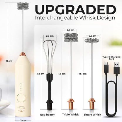 Zulay Kitchen Rechargeable Milk Frother - Dynamic - 3 Speeds, 3 Whisk Attachments, 500 mAh USB Charging, Drink Mixer For Latte, Cappuccino, Matcha, Protein Powder, Coffee Foam - Cream Copper