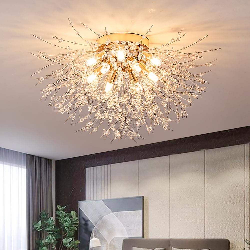 Crystal Flush Mount Ceiling Light, Gold Modern Sputnik Firework Close to Ceiling Lamp, LED Flower Ceiling Light Fixtures for Living Room Bedroom Kitchen Island Entryway Hallway Foyer, With 9 G9 Bulbs