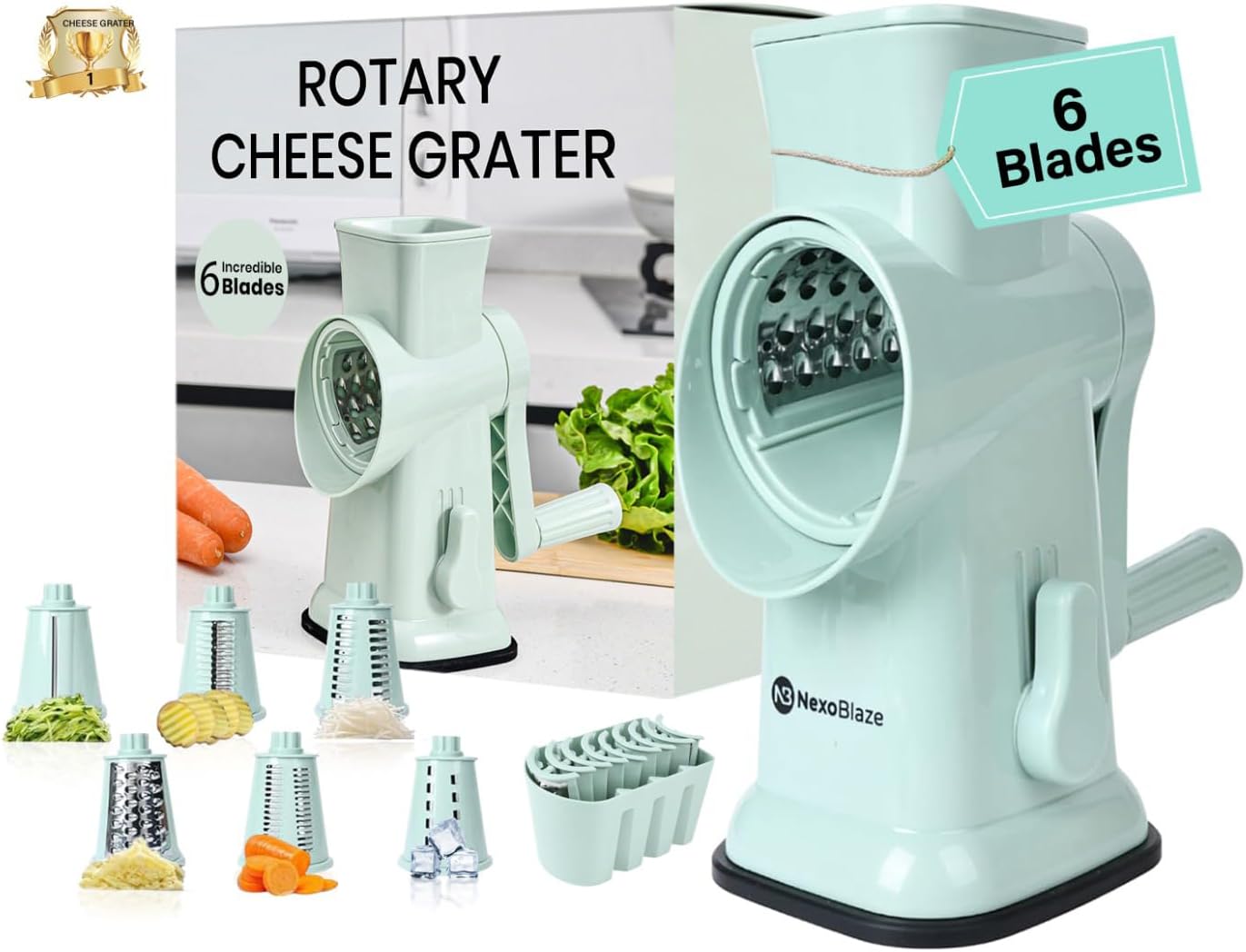 Skiennix 6-in-1 Rotary Cheese Grater - Hand Crank with 6 Stainless Steel Blades | Easy Clean & Suction Base