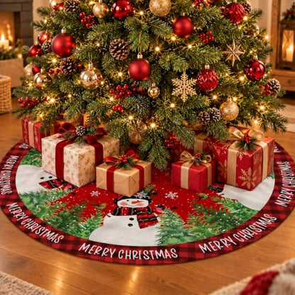 Christmas Tree Skirt 48 Inch Red Buffalo Plaid Snowman Holiday Decor