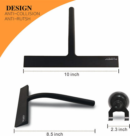 Shower Squeegee - 10-Inch All-Purpose Glass & Tile Cleaner with Suction Cup Hooks | Black