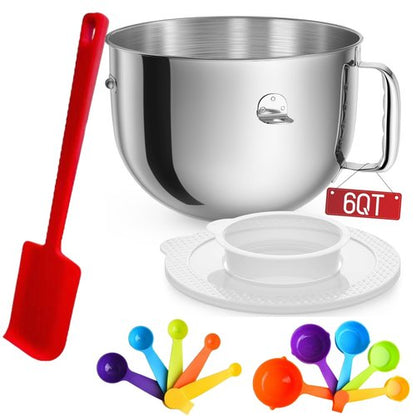 KN2B6PEH 6QT Bowl-Lift Stand Mixer Bowl, Compatible with Kitchenaid Professional 600 Mixer with Silicone Spatula, Measuring Cups and Spoons - Fits KV25G KP26M1X