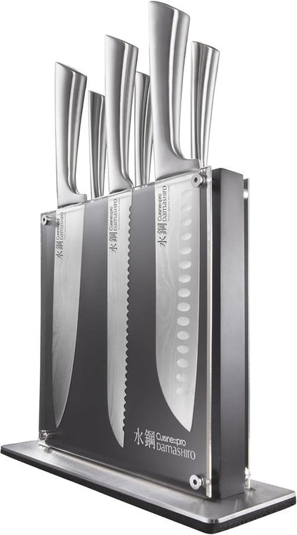 Cuisine::pro 7-Piece Chef Knife Set - Japanese Steel Knives with Magnetic Block - Damascus-Inspired Design