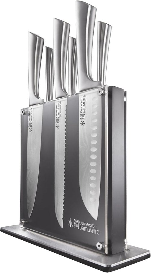 Cuisine::pro 7-Piece Chef Knife Set - Japanese Steel Knives with Magnetic Block - Damascus-Inspired Design