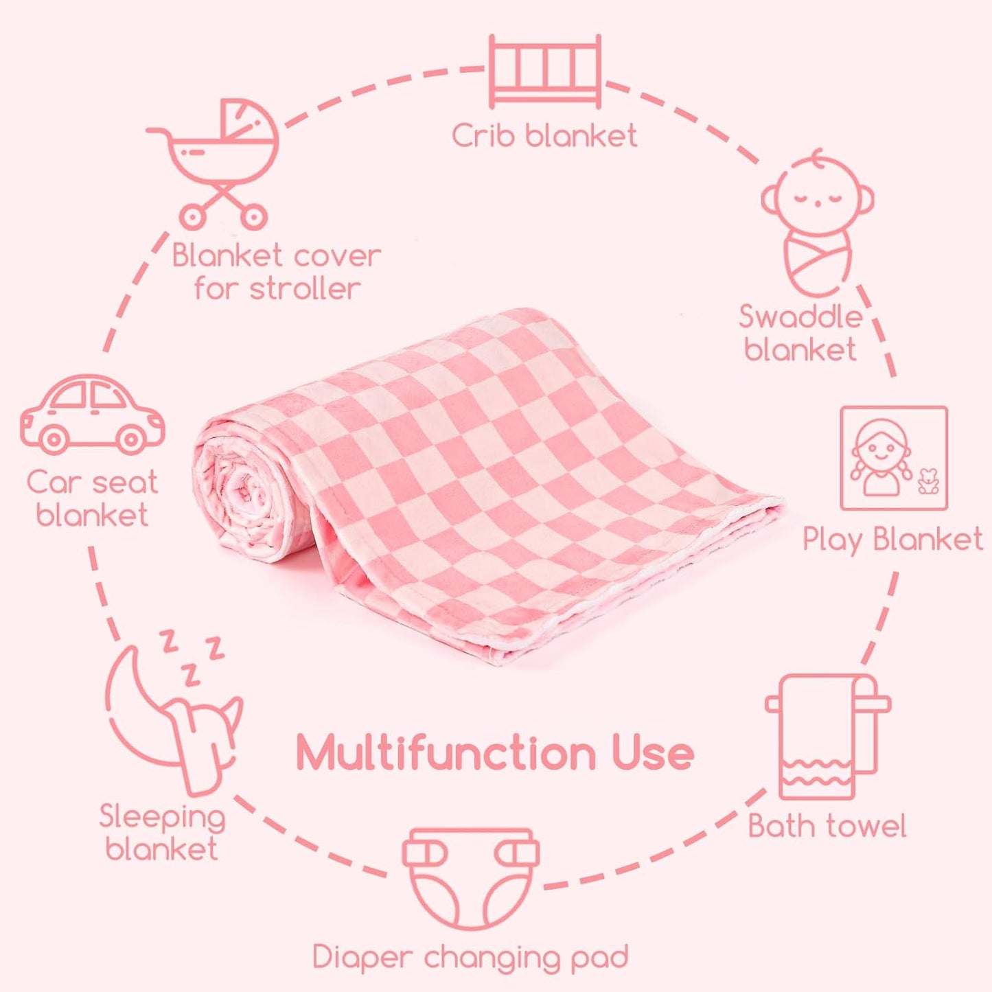 Skiennix Baby Blanket - Double Layer Toddler Crib Blanket with Dotted Backing | Pink Checkered, 30x40 Inches